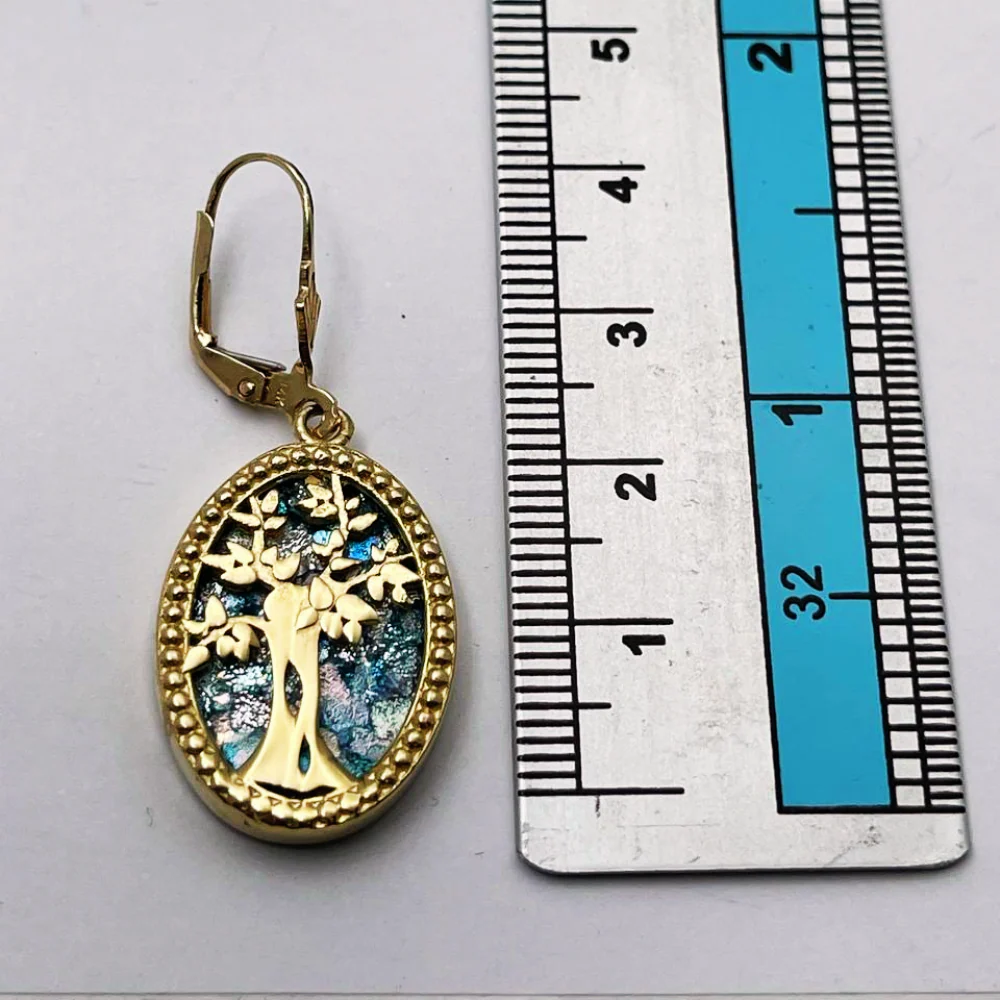 Tree of Life Oval Earrings with Roman Glass in 14K Gold - Image 4