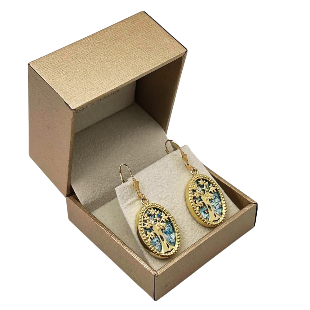 Tree of Life Oval Earrings with Roman Glass in 14K Gold - Image 5