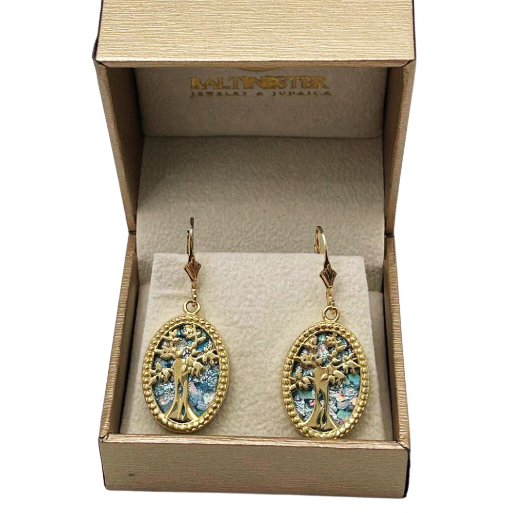 Tree of Life Oval Earrings with Roman Glass in 14K Gold - Image 6