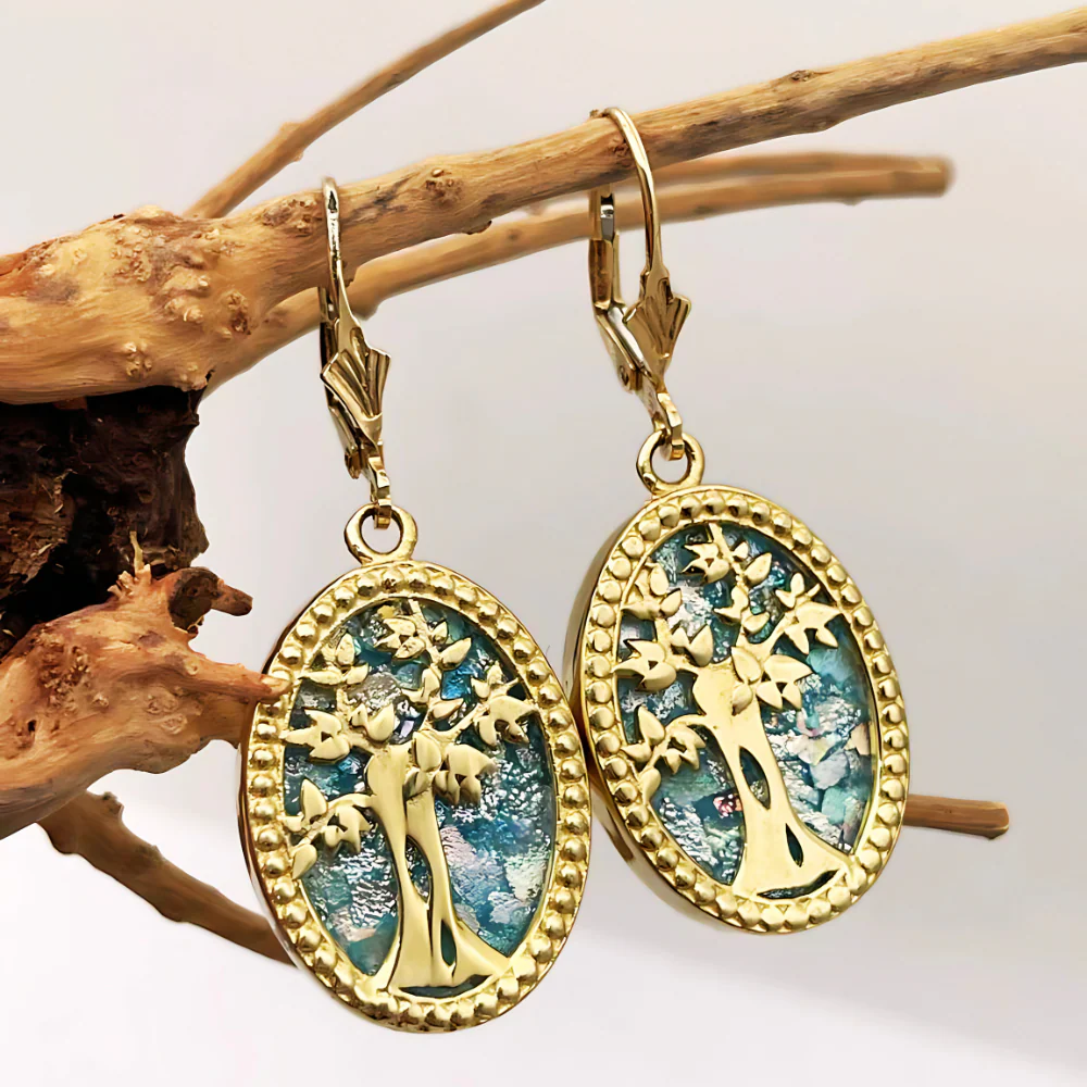 Tree of Life Oval Earrings with Roman Glass in 14K Gold - Image 7