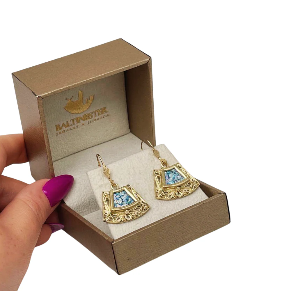 Roman Glass Trapezoid Filigree Earrings in 14K Gold - Image 6