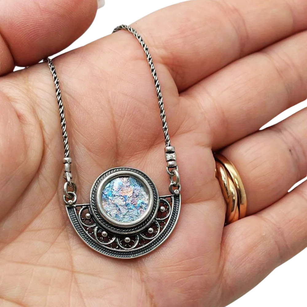 Sterling Silver Semi Circle Filigree Roman Glass Necklace - Image 2