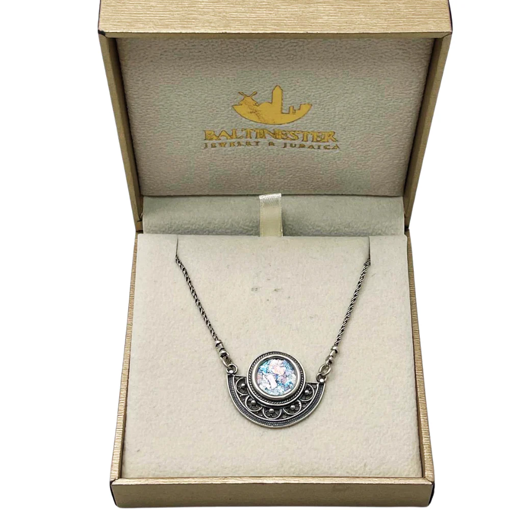 Sterling Silver Semi Circle Filigree Roman Glass Necklace - Image 7