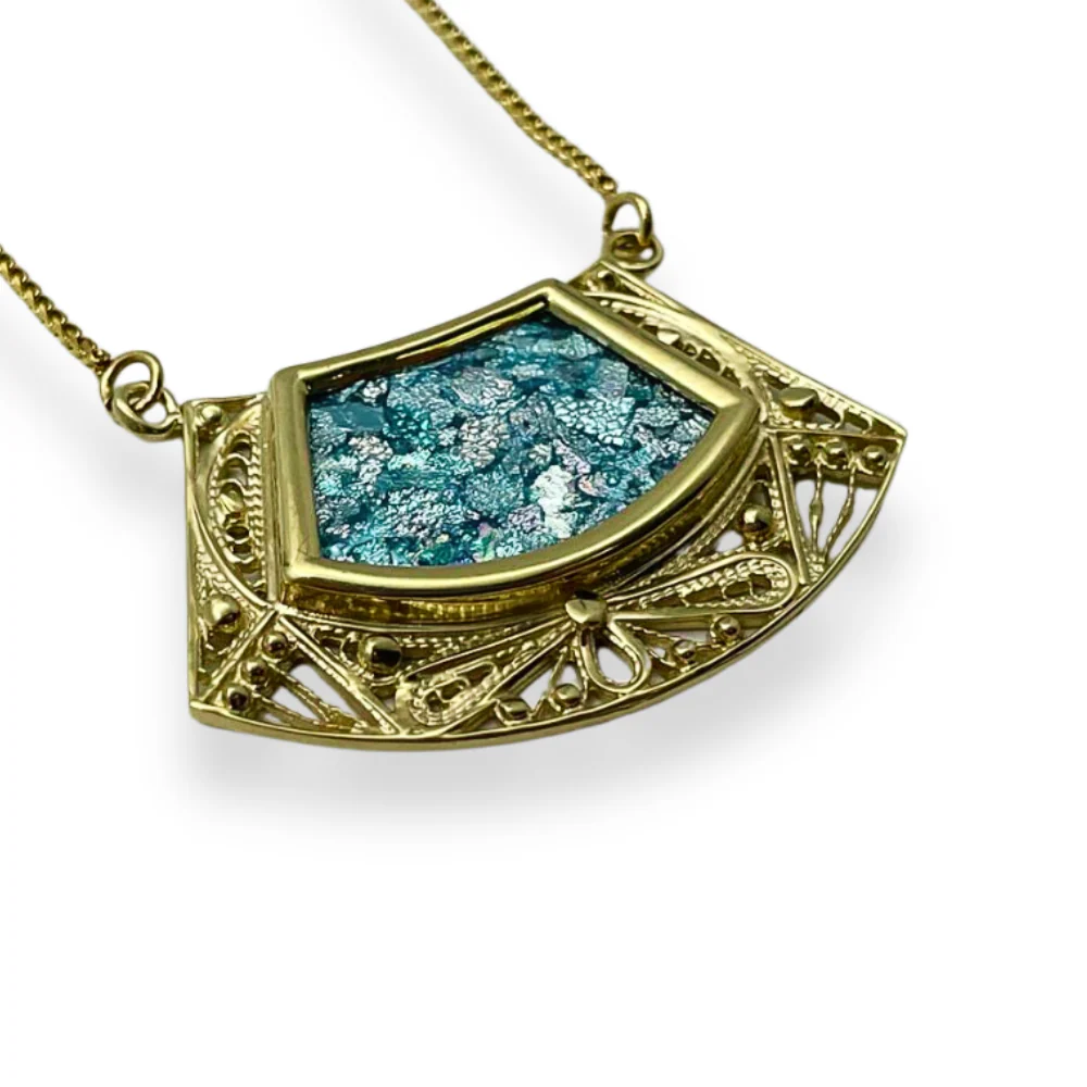 14k Roman Glass Trapezoid Gold Filigree Necklace - Image 6
