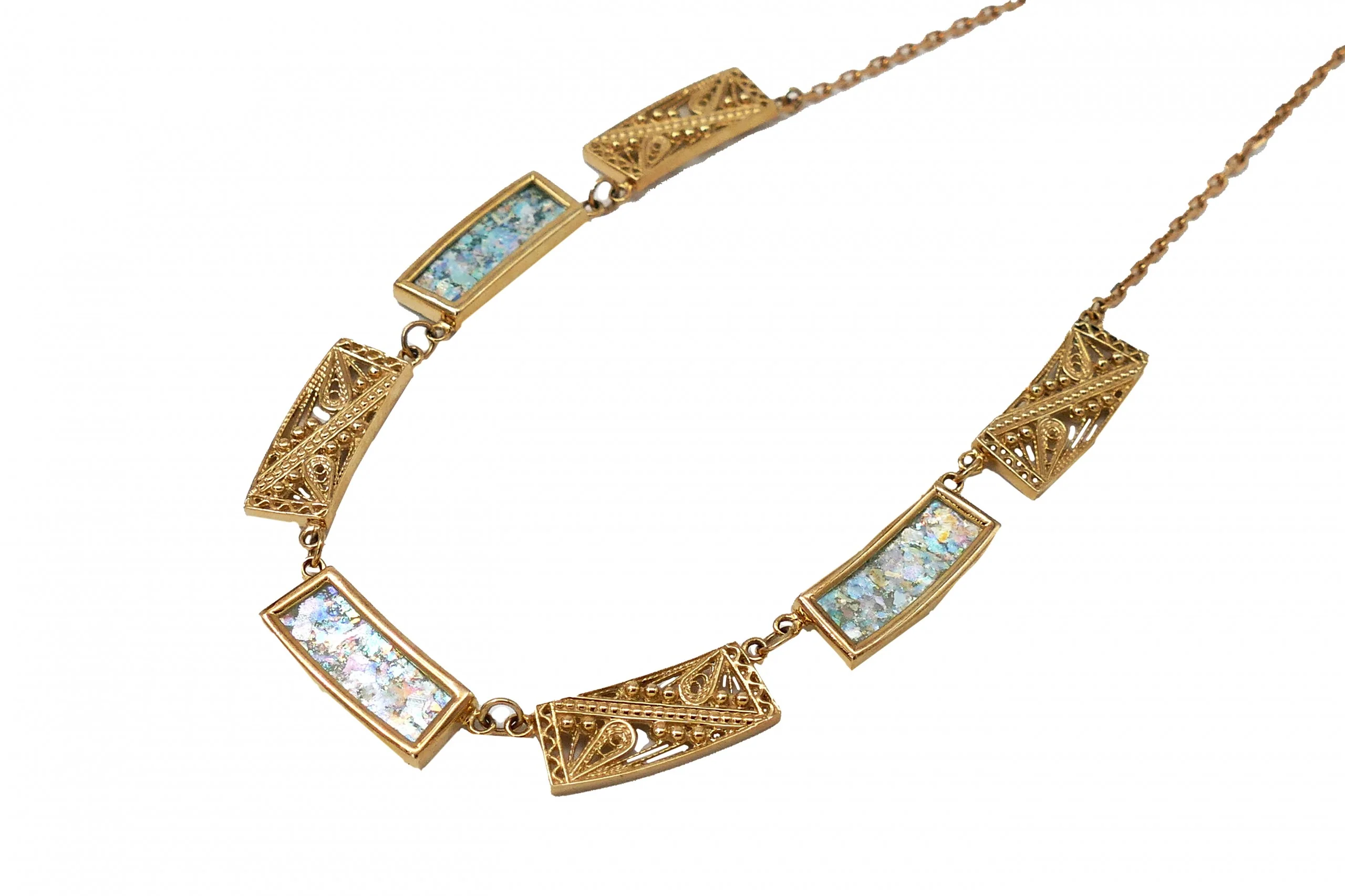 14k Gold Roman Glass Filigree Necklace - Image 4