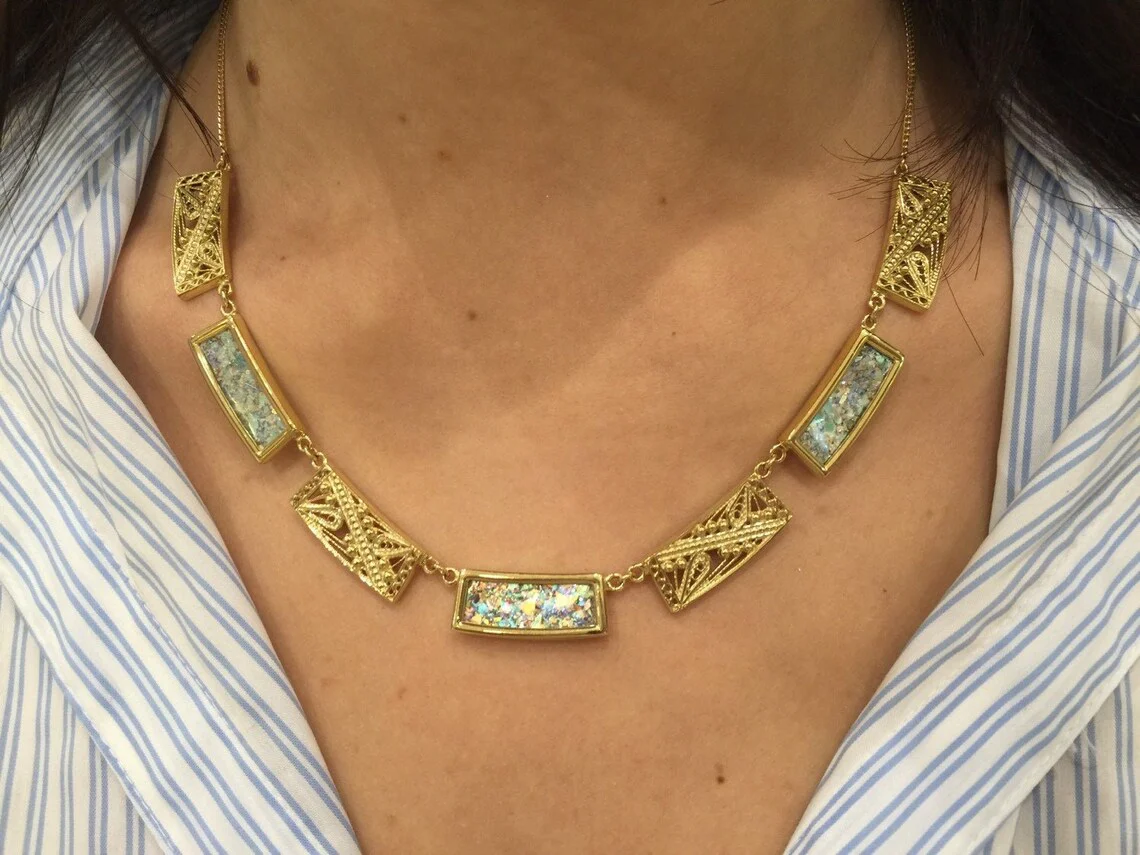 14k Gold Roman Glass Filigree Necklace - Image 5
