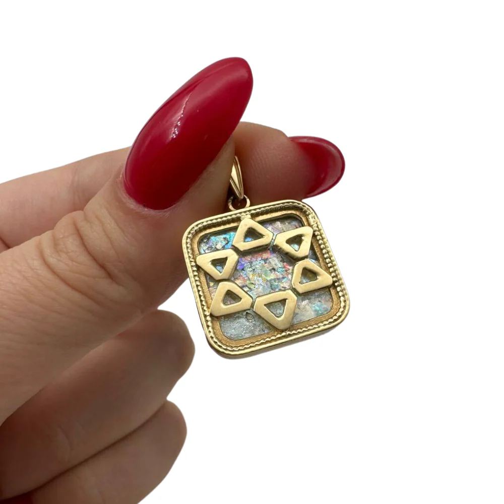 14k Gold Roman Glass Star of David Square Pendant - Image 3