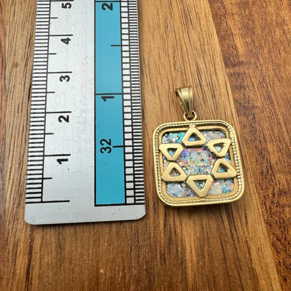 14k Gold Roman Glass Star of David Square Pendant - Image 7