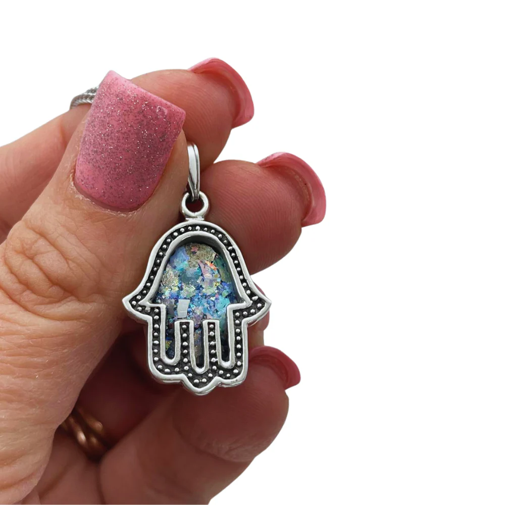 Sterling Silver Roman Glass Hamsa Pendant - Image 3