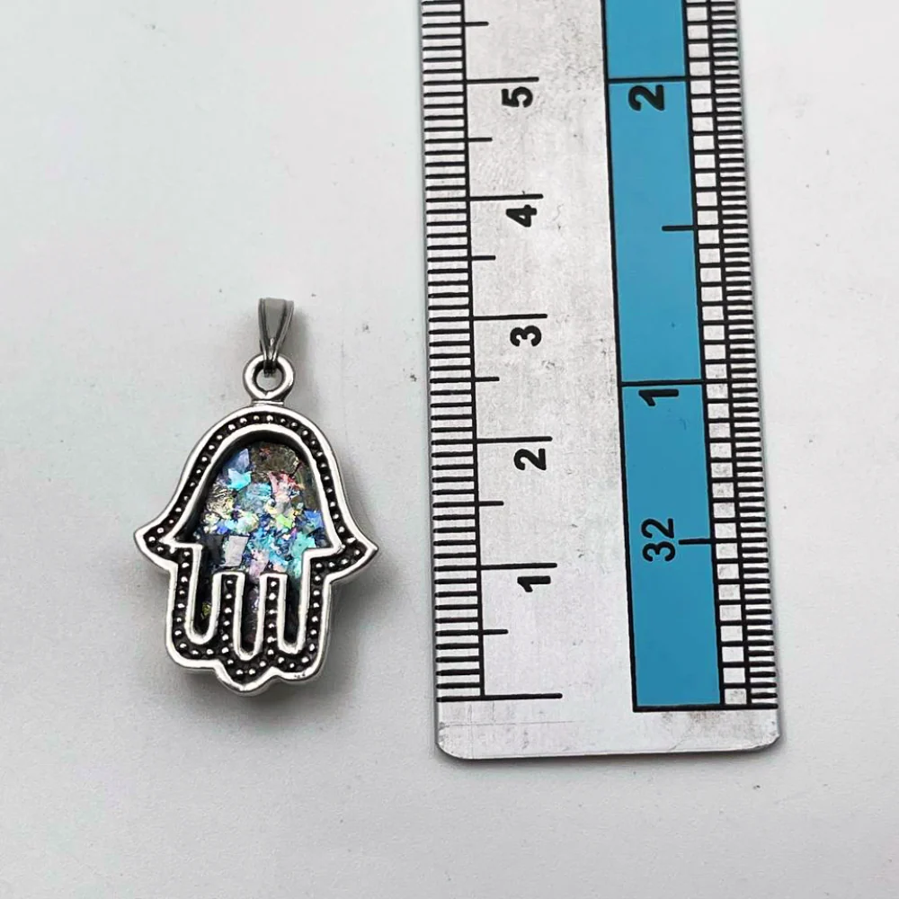 Sterling Silver Roman Glass Hamsa Pendant - Image 6
