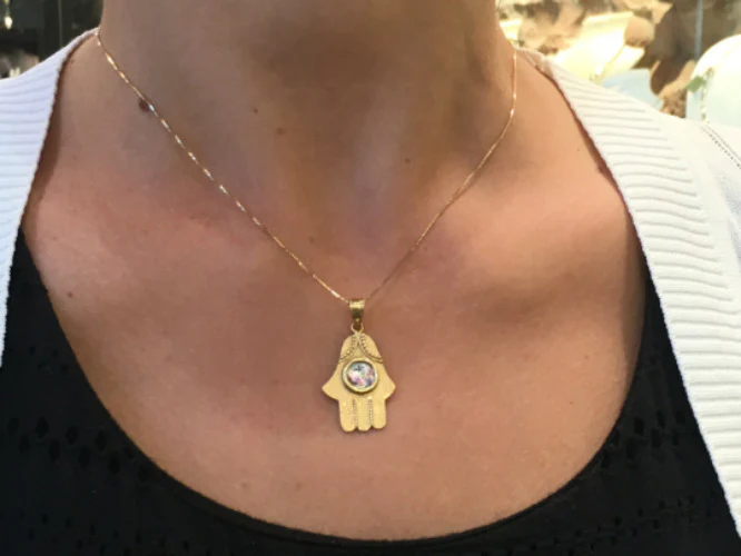 Embellished 14k Gold Roman Glass Hamsa Pendant - Image 3