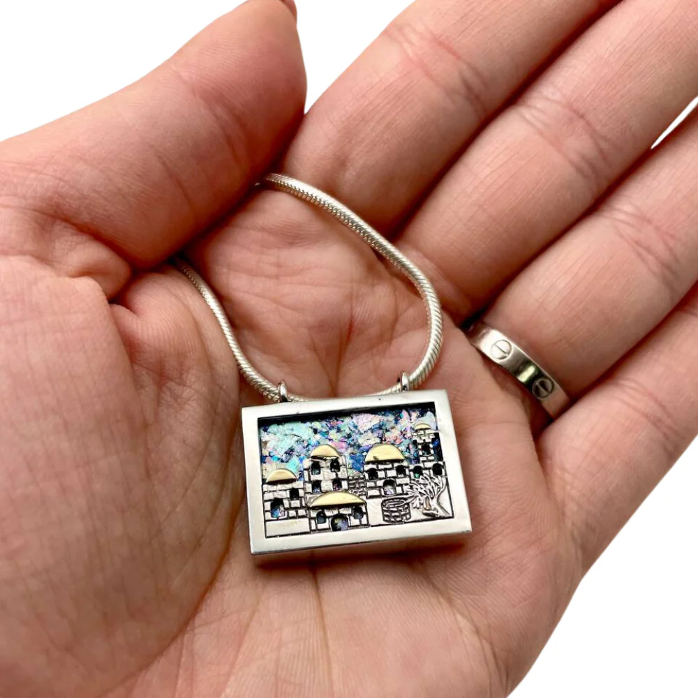 Jerusalem Necklace with Roman Glass in Sterling Silver and Gold - Image 2