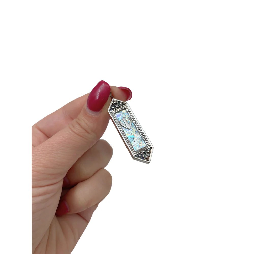 Sterling Silver Filigree Roman Glass Mezuza Pendant with Chain - Image 4