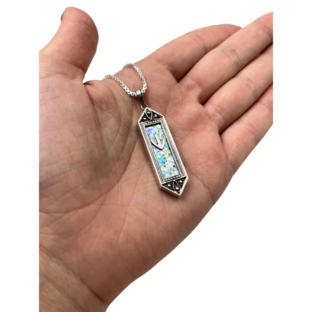 Sterling Silver Filigree Roman Glass Mezuza Pendant with Chain - Image 5