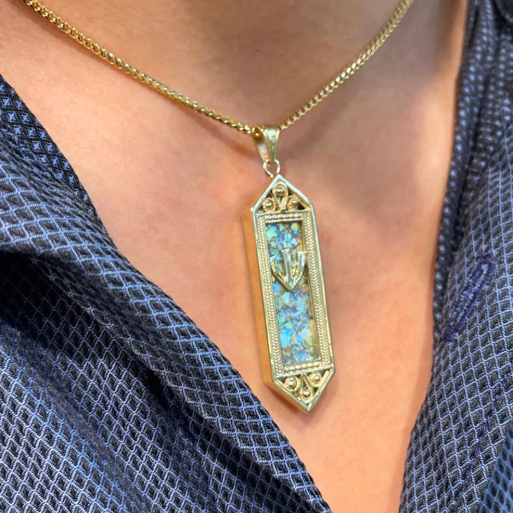 14k Gold Filigree Roman Glass Mezuzah Pendant - Image 8