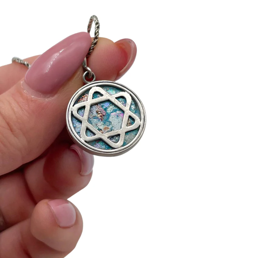 Silver Star of David Roman Glass Necklace - Image 5