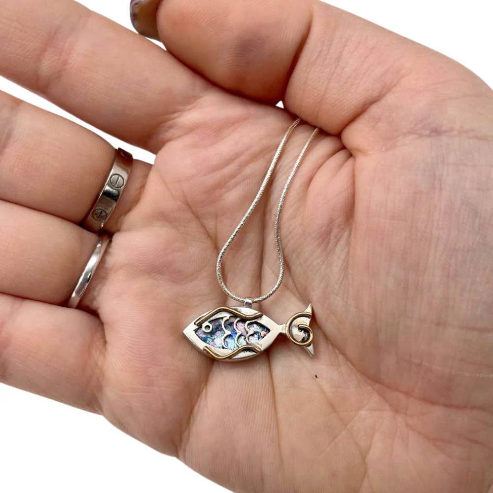 Fish Pendant in Sterling Silver Roman Glass - Image 2