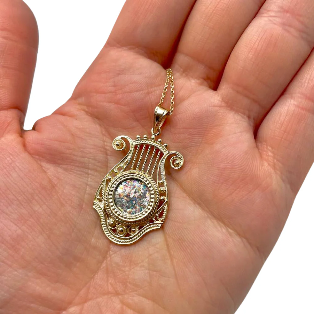 14k Gold Roman Glass Harp of David Pendant - Image 2