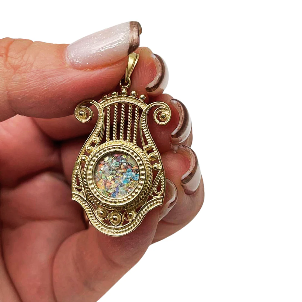 14k Gold Roman Glass Harp of David Pendant - Image 3