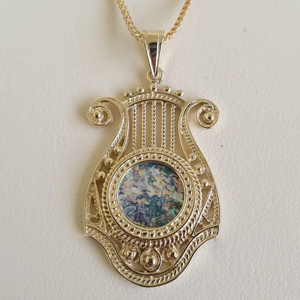 14k Gold Roman Glass Harp of David Pendant - Image 4