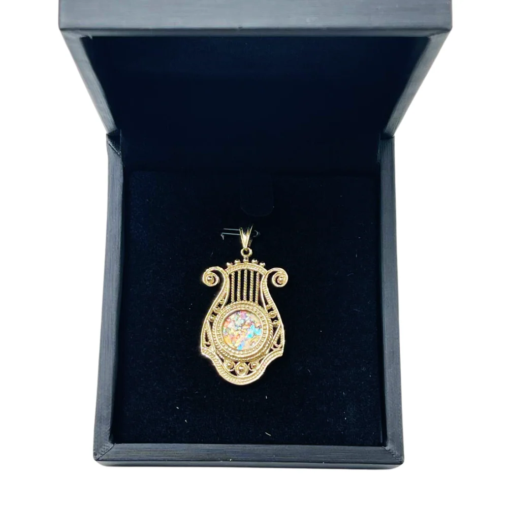 14k Gold Roman Glass Harp of David Pendant - Image 6
