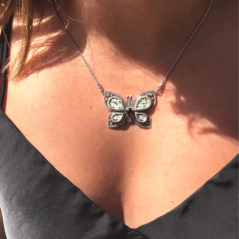 Silver Butterfly Necklace with Roman Glass & Red Garnet - Image 2