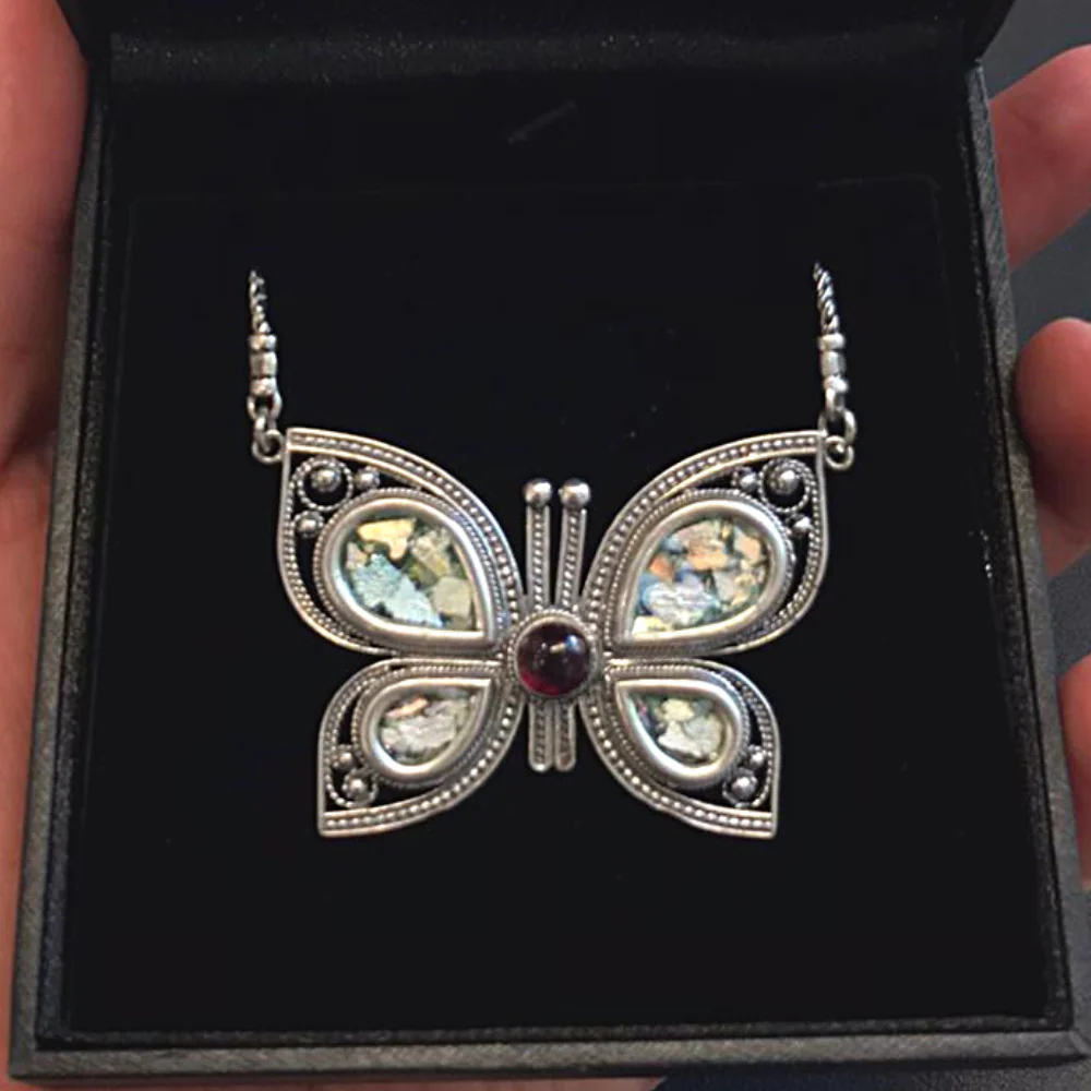 Silver Butterfly Necklace with Roman Glass & Red Garnet - Image 5