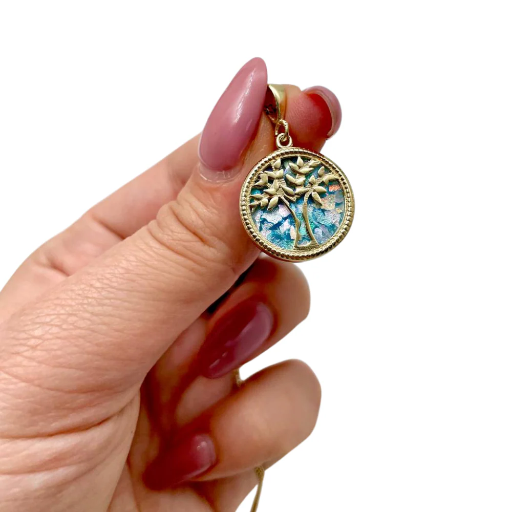 Tree of Life Roman Glass Pendant in 14K Gold - 19mm Dia - Image 3