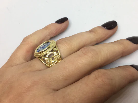 Roman Glass Jerusalem 3D Cutout Signet Ring 14k Yellow Gold - Image 4