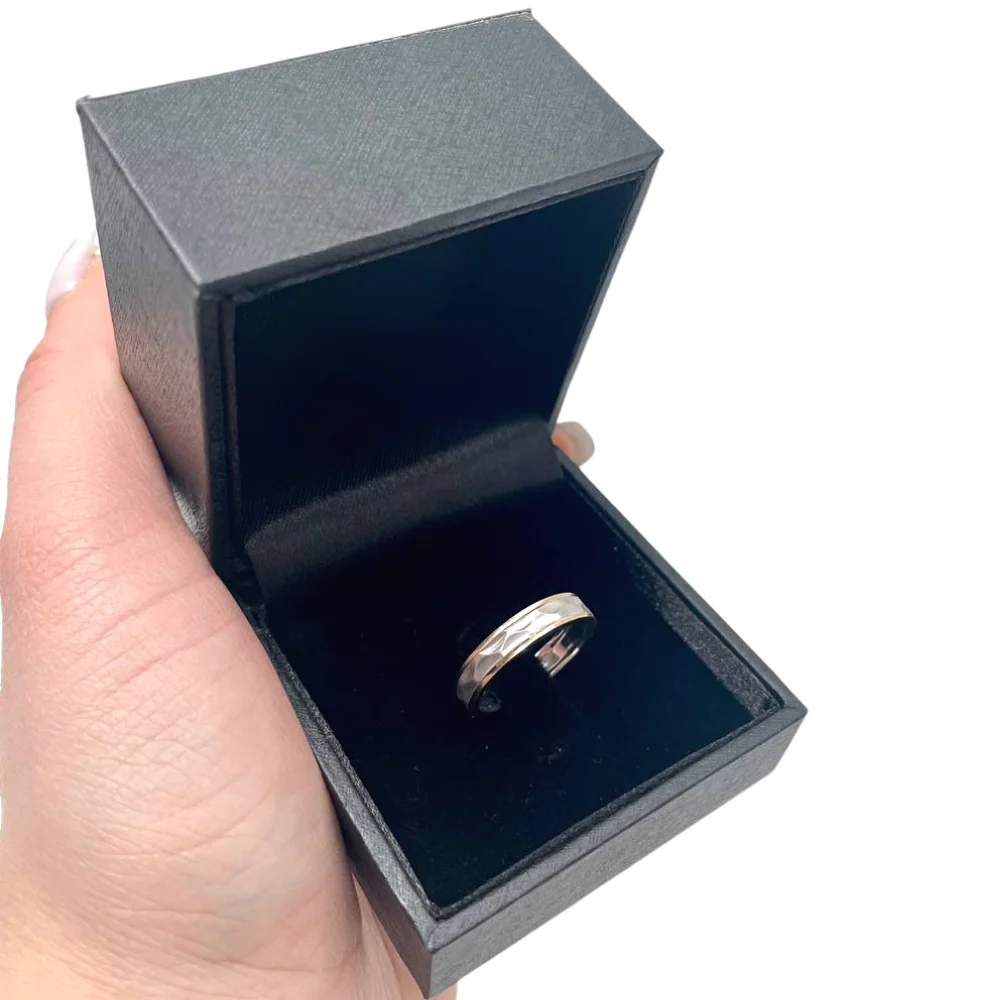 Wedding Ring in Two Tone Brushed Hammered 14K Gold - Image 4