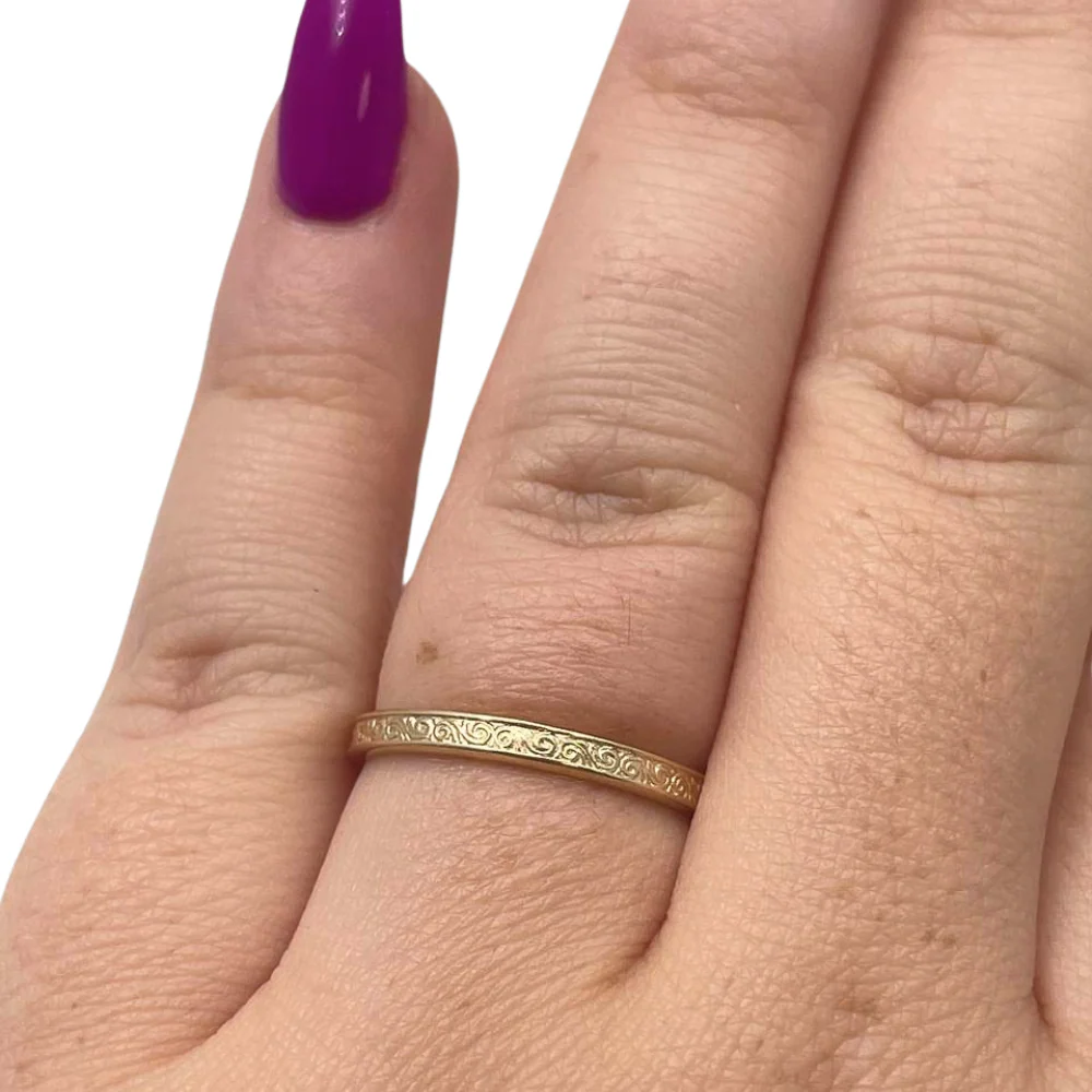 14K Gold Ornate Wedding Band Laser Engraved - Image 2