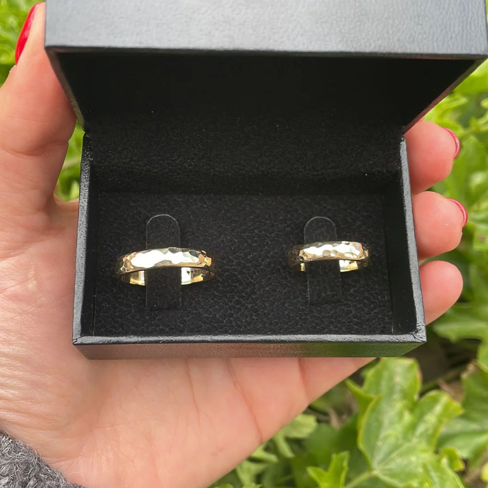 Hammered 14K Gold Wedding Band Laser Engraved - Image 4