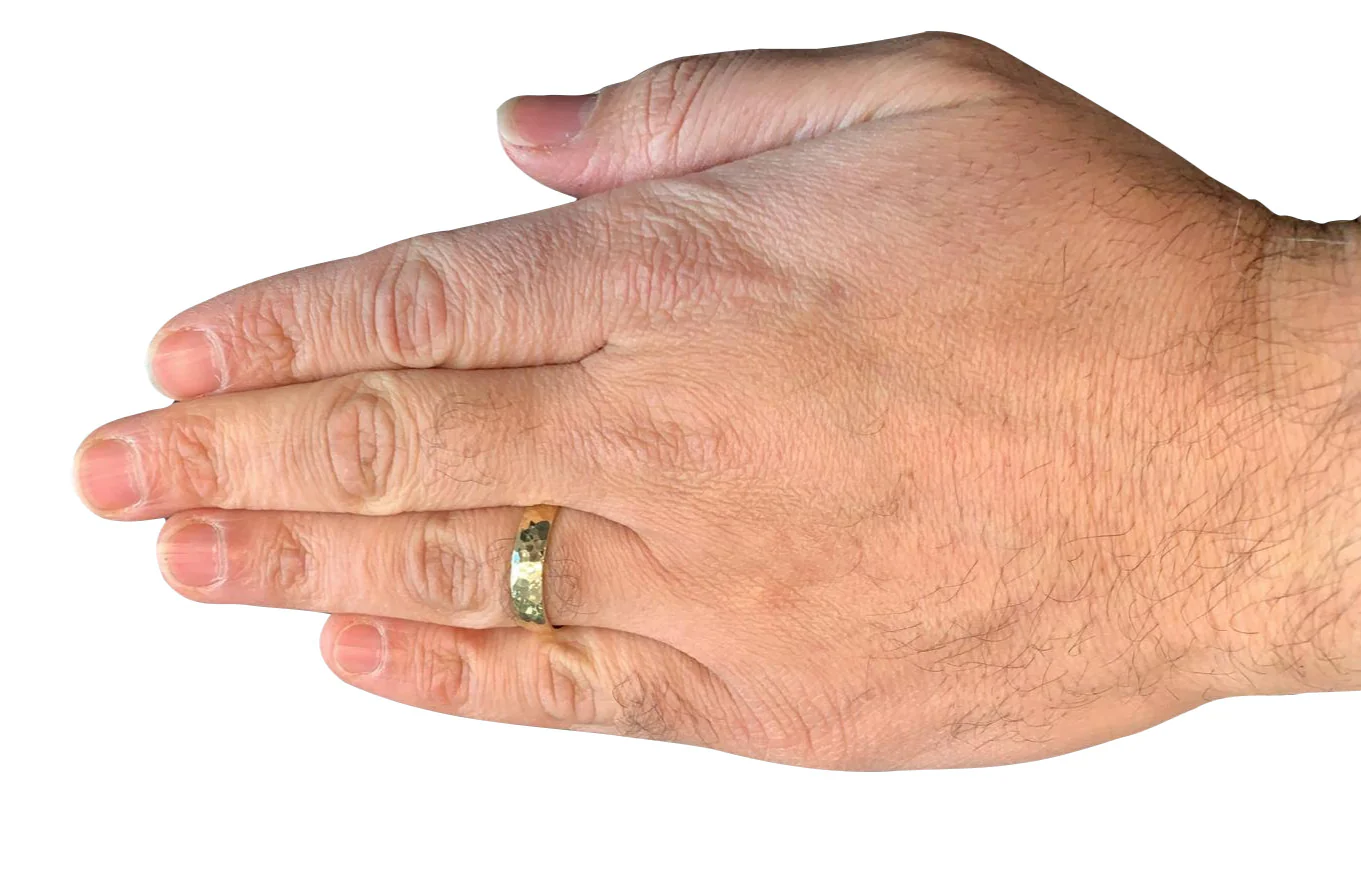 Hammered 14K Gold Wedding Band Laser Engraved - Image 5