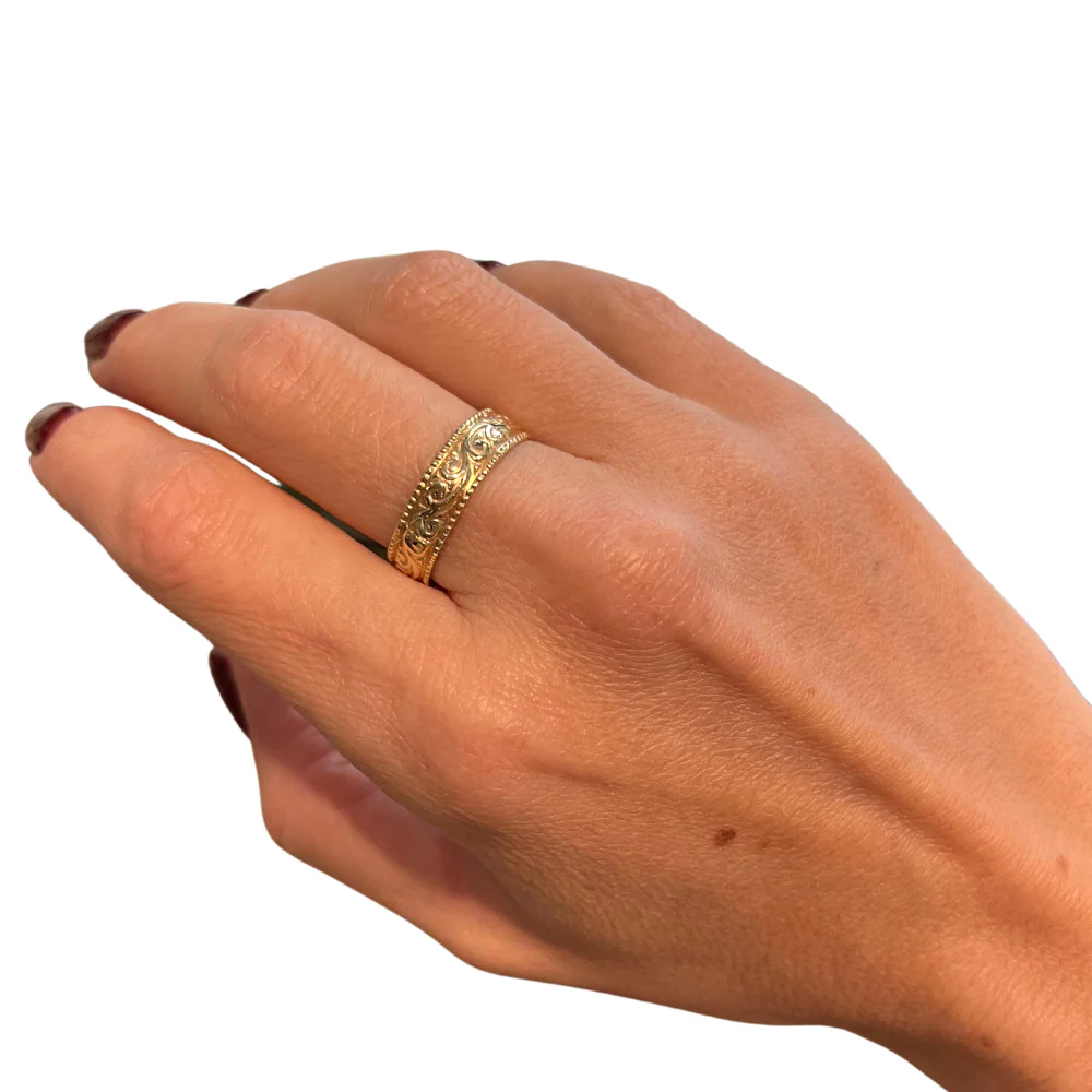 Ornate 14K Gold Wedding Band - Laser Engraved - Image 3